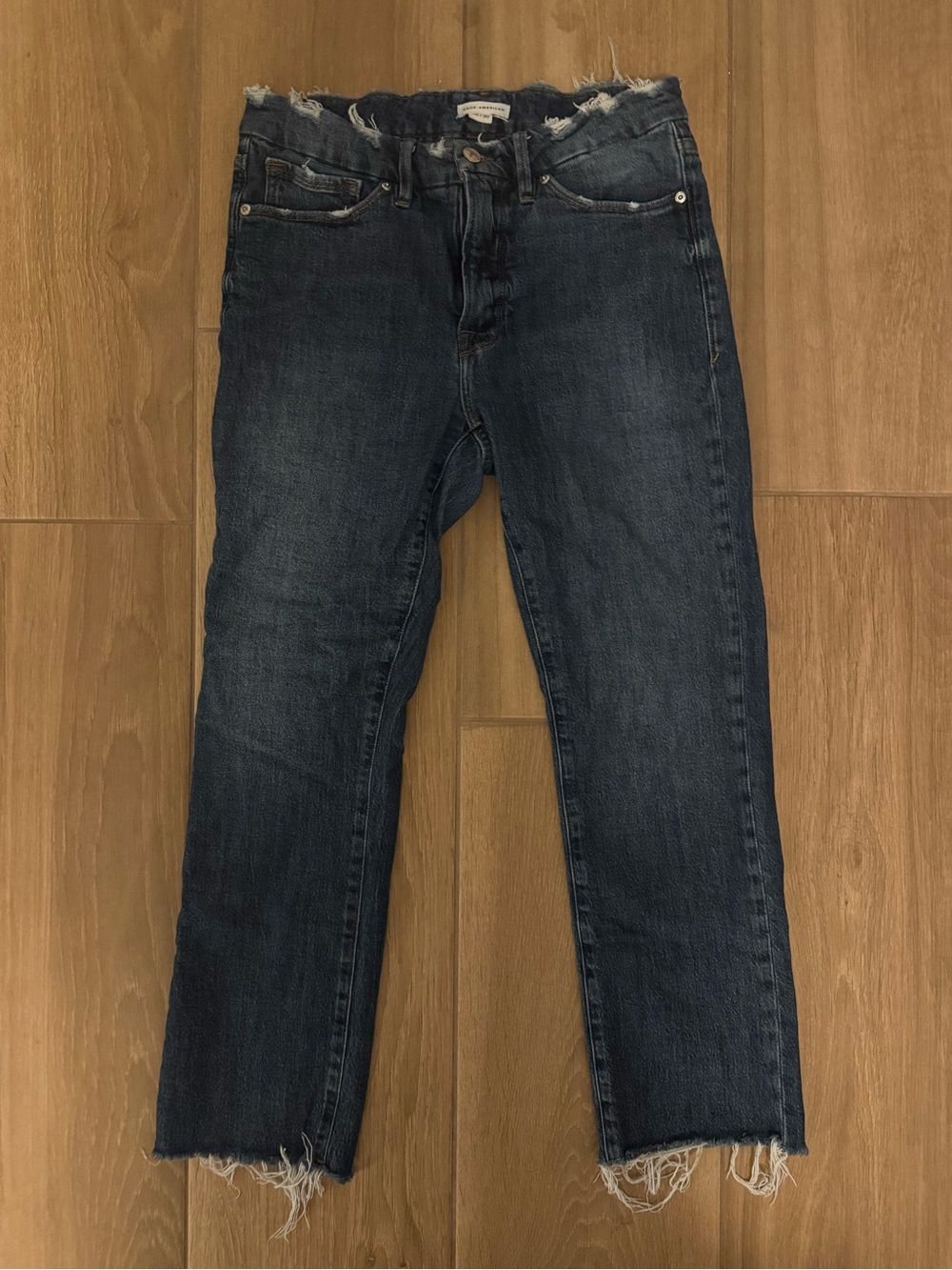 Good American Dark Blue Straight Jeans with Raw Hem